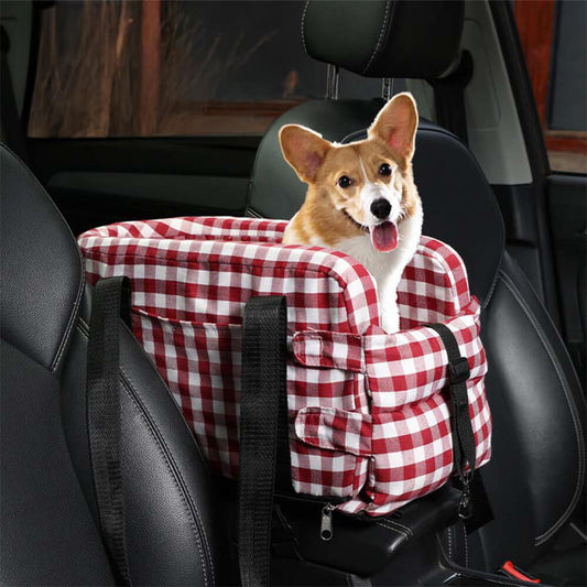 Stylish Plaid Portable Travel Dog Car Safety Seat Central Console