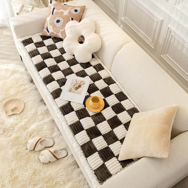 Cream-coloured Large Plaid Square Fuzzy Pet Mat Bed Couch Cover