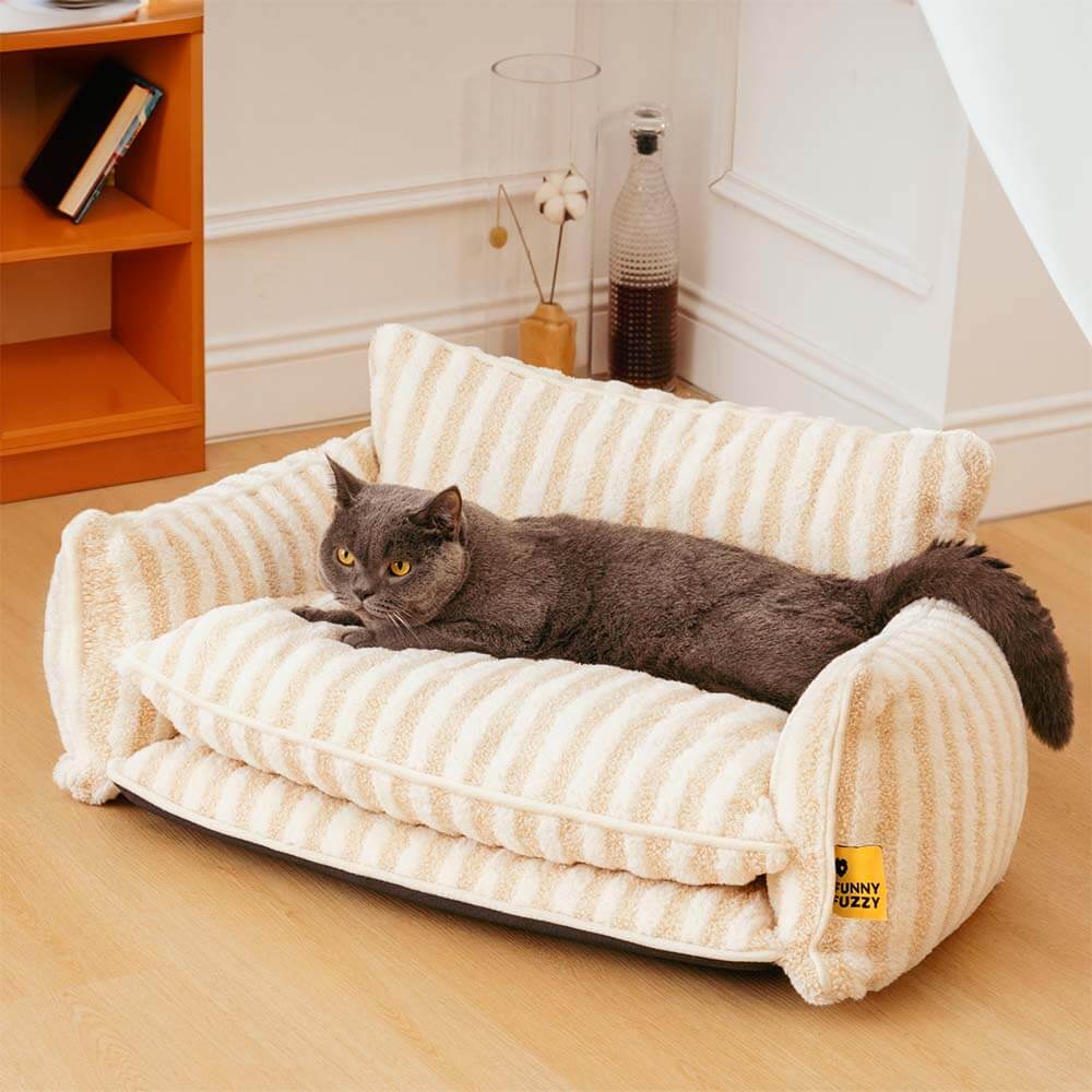 Trendy Striped Faux Lambswool Double Layer Cat Sofa Bed