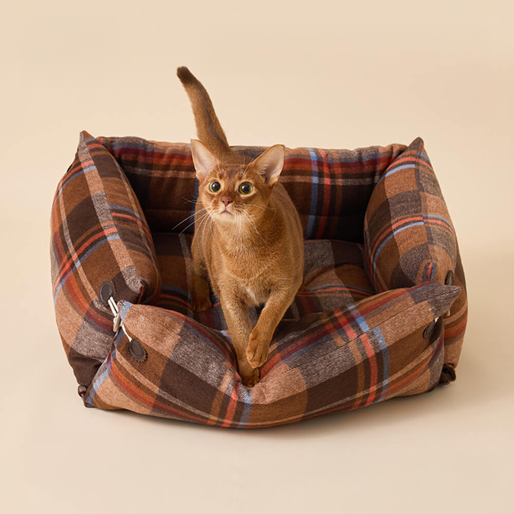 Plaid Expandable Soft Reversible With Horn Button Dog & Cat Bed