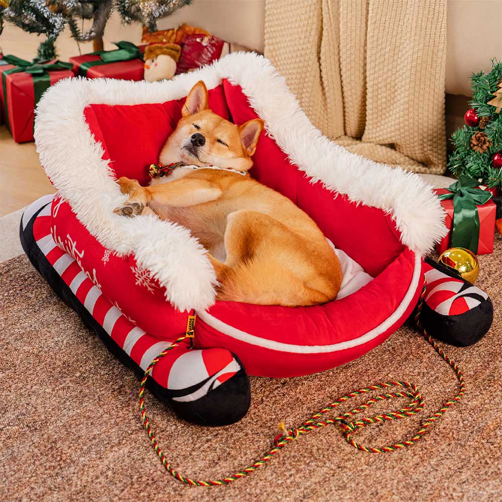 Festive Plush Cosy Dog Bed - Christmas Sleigh