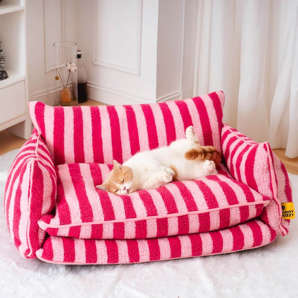 Trendy Striped Faux Lambswool Double Layer Cat Sofa Bed