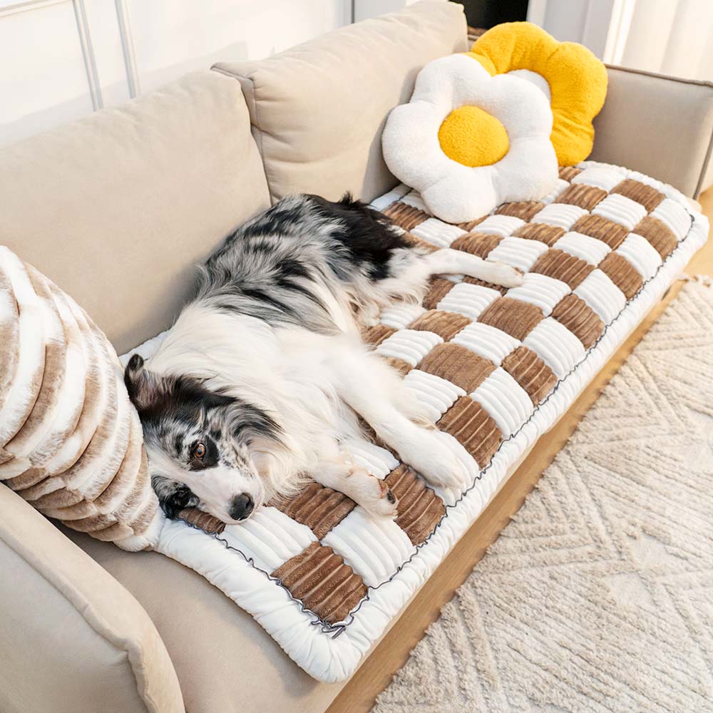 Cream-coloured Large Plaid Square Fuzzy Pet Mat Bed Couch Cover