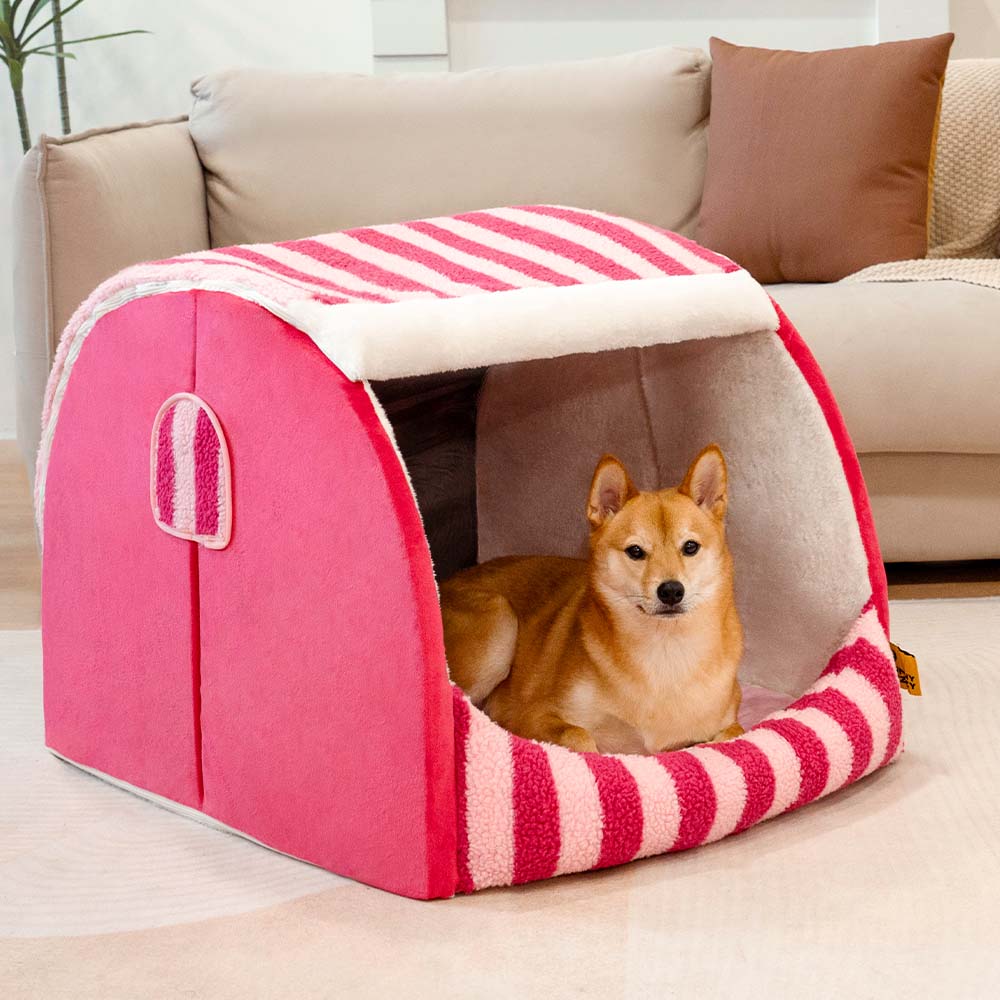 Trendy Striped House Orthopaedic Dog Bed - Cosy Hideaway